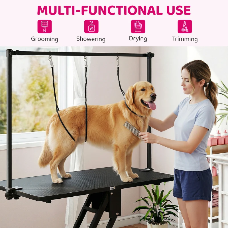 PawHut 43" L Hydraulic Dog Grooming Table, Z-Lift Height Adjustable Pet Grooming Table with Noose and Non-Slip Tabletop