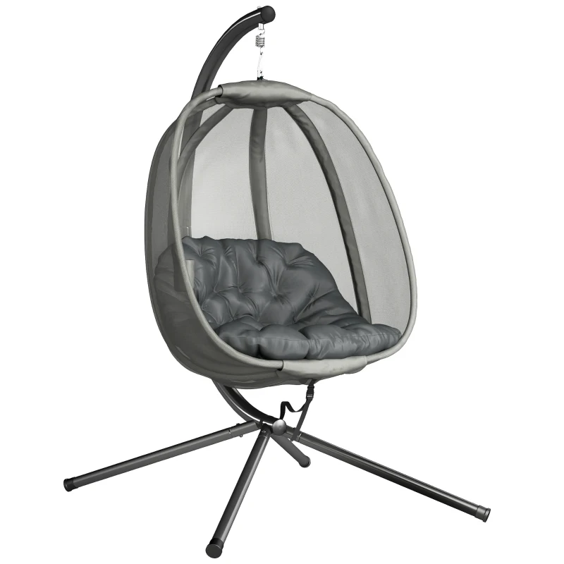 Outsunny Hanging Egg Chair, Outdoor Indoor Swing Chair with Stand, Folding Basket and Thickened Cushion, Grey