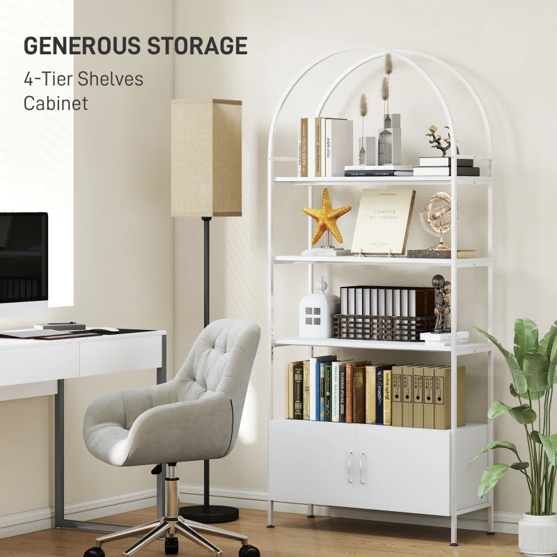 HOMCOM 4-Tier Arched Shelving Unit with Cabinet, Bookshelf for Living Room, Office, 31.5" x 11.8" x 73.6", White