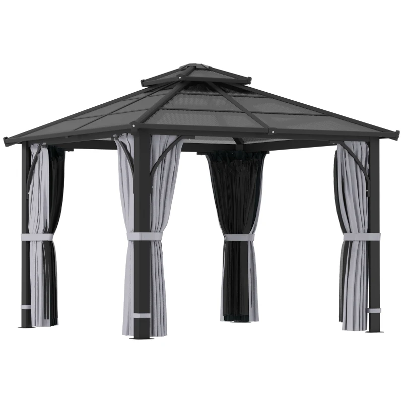 Outsunny 10' x 10' Hardtop Gazebo with 7mm Polycarbonate Double-Tier Roof, Outdoor Gazebo with Netting and Curtains, Dark Grey