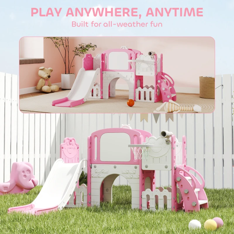 Qaba 7 in 1 Toddler Slide with Basketball Hoop, Climbing Frame, Telescope, Drawing Board, Storage Box for Ages 1-3, Pink