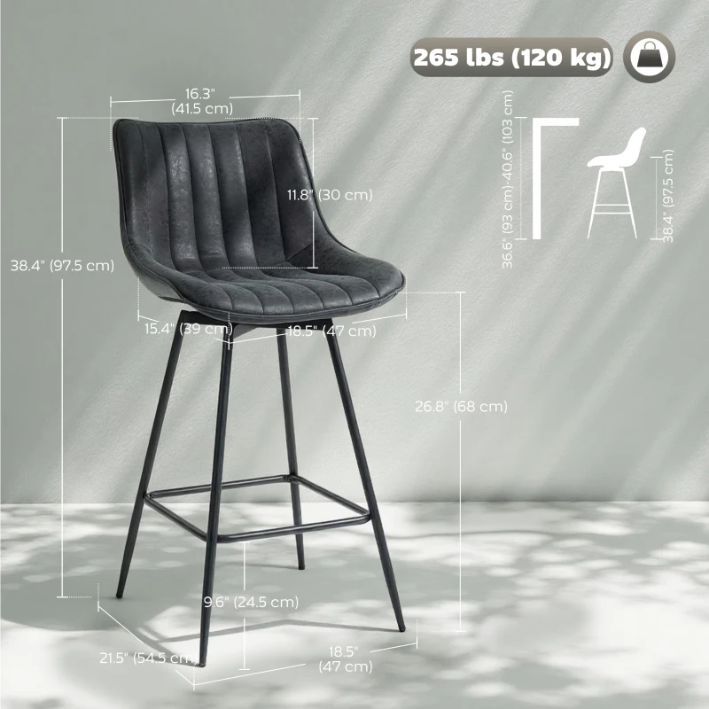 HOMCOM Set of 2 Counter Height Barstools, PU Leather Upholstered Bar Stools with Backrest, Footrest and Steel Legs, Black