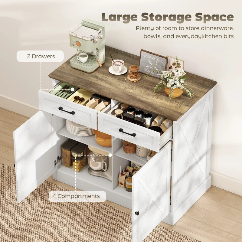 HOMCOM Kitchen Island with Sitting Space, Sideboard Cabinet with 2 Drawers and 2 Adjustable Shelves for Dining Room, White