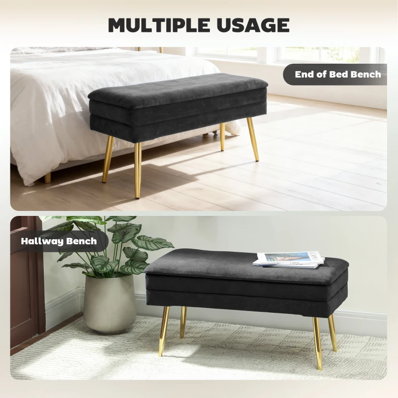 HOMCOM 31" Storage Ottoman, Velvet End of Bed Bench with Steel Legs, Foot Stool with Storage for Bedroom, Living Room, Black