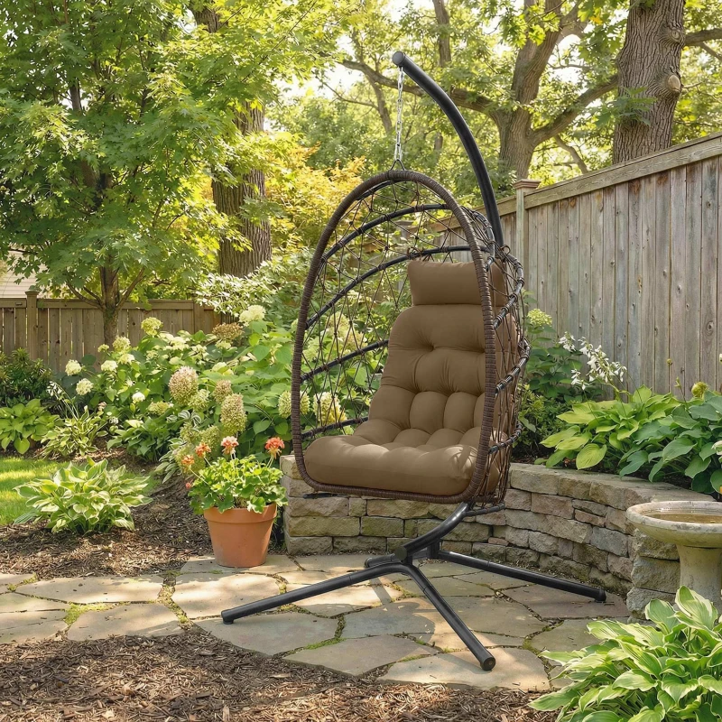 Outsunny Hanging Egg Chair with Stand, Foldable Wicker Rattan Swing Chair with Thick Cushion and Safety Rope, Brown