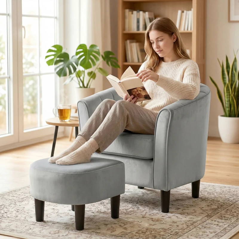 HOMCOM Accent Chair Modern Upholstered Living Room Chair with Ottoman and Pocket Spring Cushion Grey