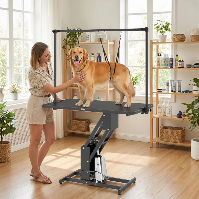 PawHut 43" L Hydraulic Dog Grooming Table, Z-Lift Height Adjustable Pet Grooming Table with Noose and Non-Slip Tabletop