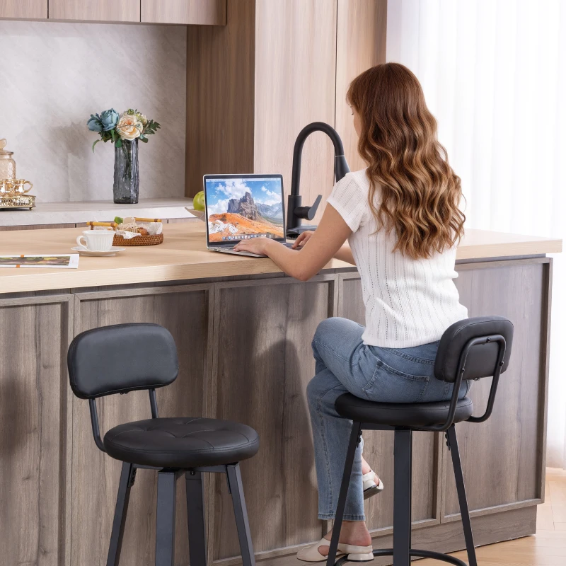 HOMCOM Bar Stools Set of 2, Upholstered Breakfast Bar Chairs with Footrest and Backrest for Kitchen Counter, Black