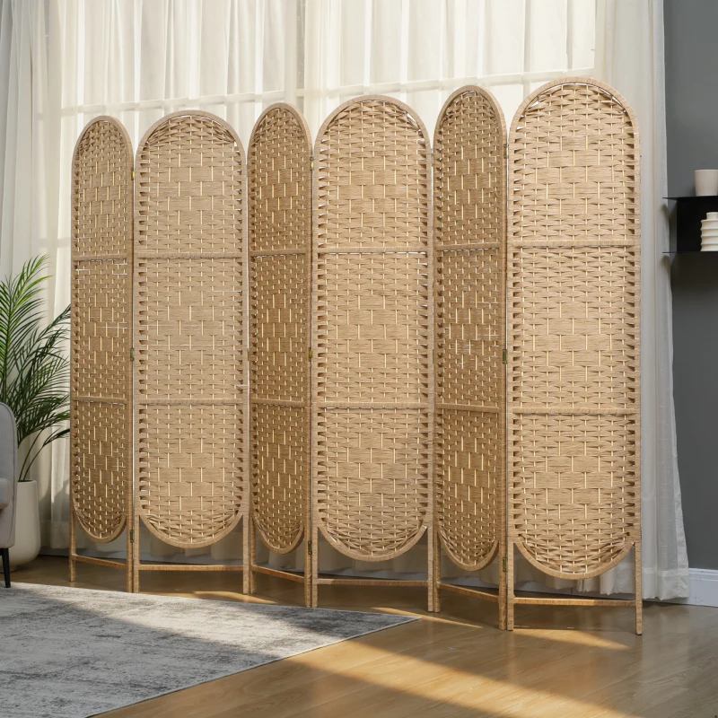 HOMCOM Bohemian Privacy Screen, Folding Room Divider with 6 Panels and Arched Top for Bedroom Living Room Office, Natural Wood