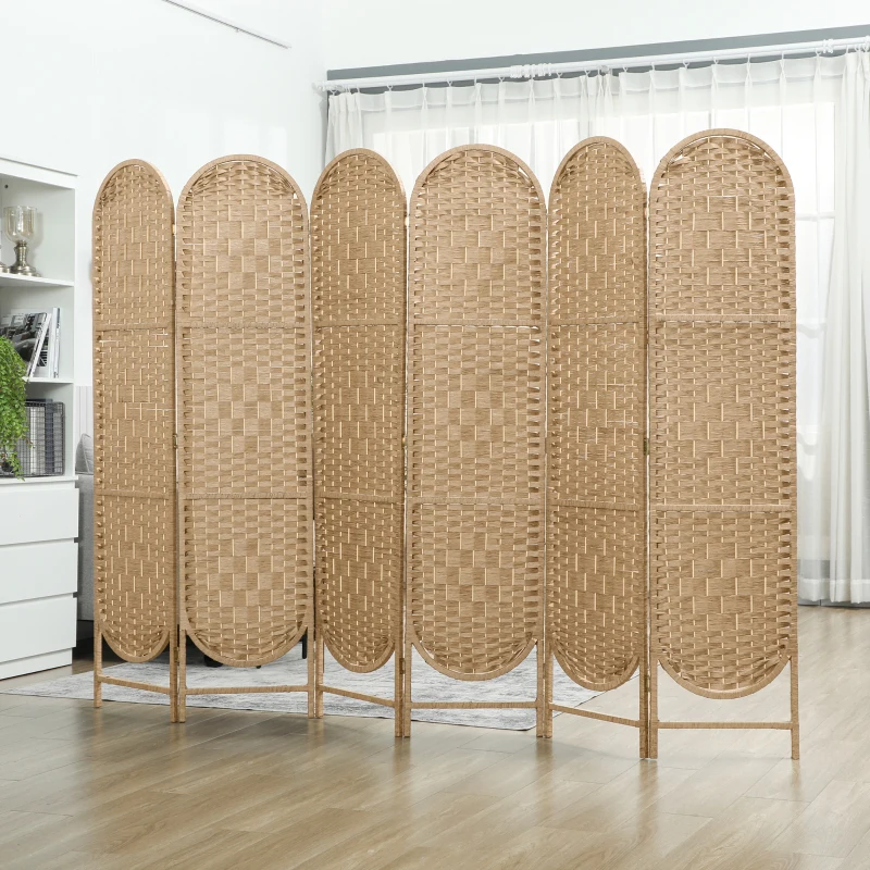HOMCOM Bohemian Privacy Screen, Folding Room Divider with 6 Panels and Arched Top for Bedroom Living Room Office, Natural Wood