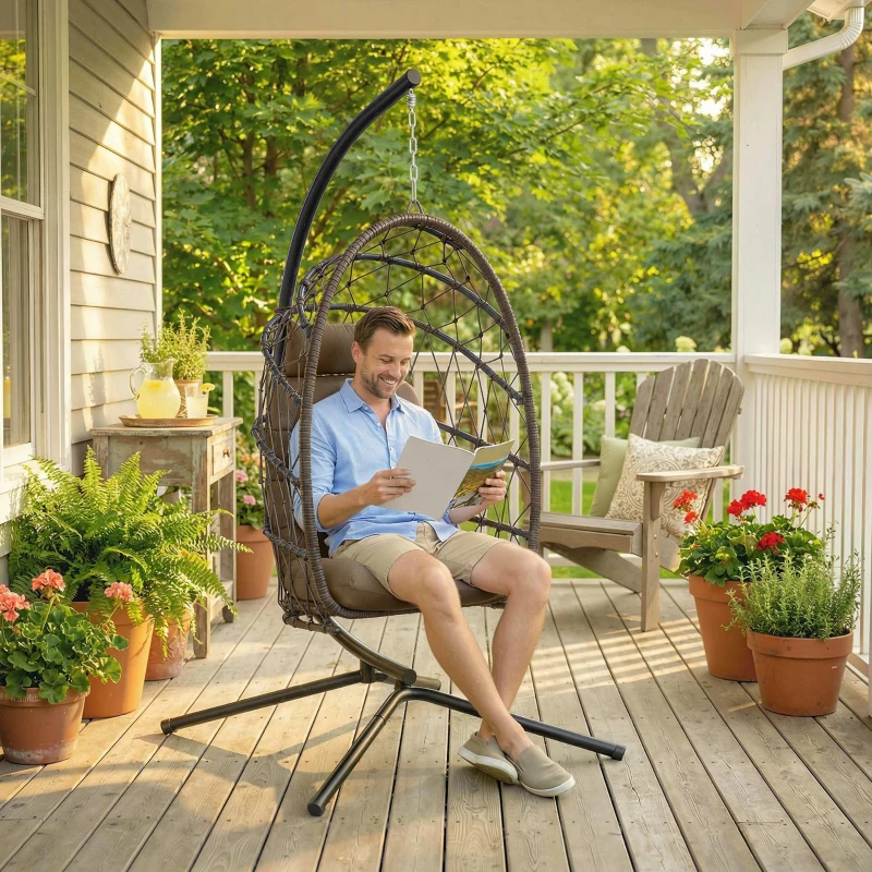 Outsunny Hanging Egg Chair with Stand, Foldable Wicker Rattan Swing Chair with Thick Cushion and Safety Rope, Brown