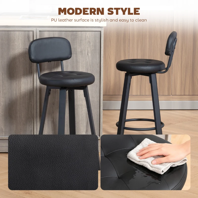 HOMCOM Bar Stools Set of 2, Upholstered Breakfast Bar Chairs with Footrest and Backrest for Kitchen Counter, Black