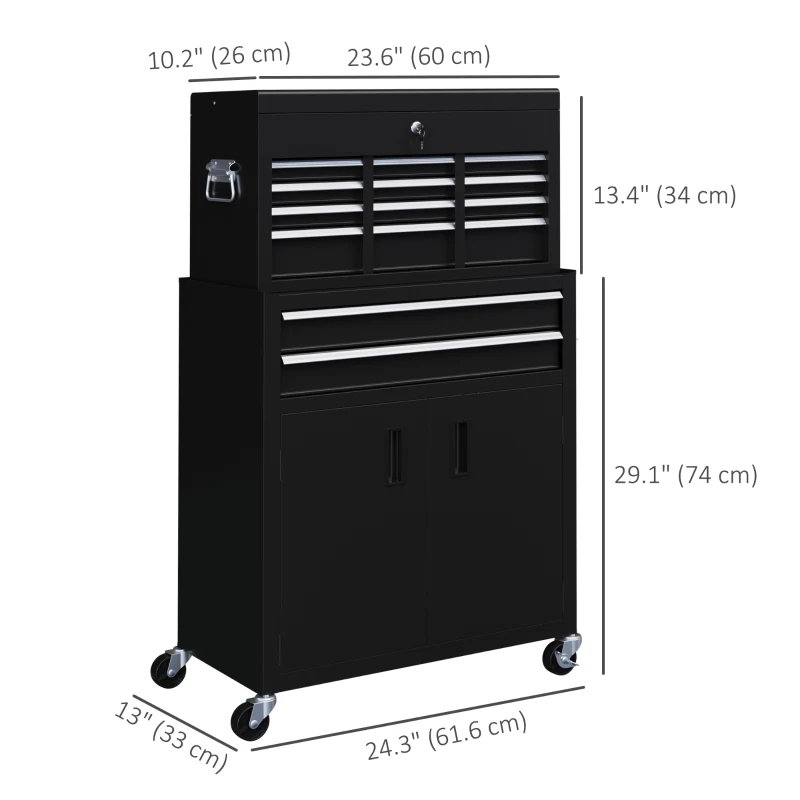 HOMCOM 6-Drawer Rolling Tool Chest, 2 in 1 Lockable Storage Cabinet with Hooks, Metal Tool Box for Garage, Workshop, Black