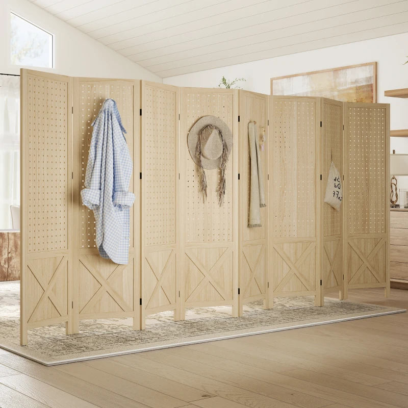 HOMCOM Wooden Room Divider with Pegboard Display, 8 Panel Folding Privacy Screen for Home Office, Natural Wood