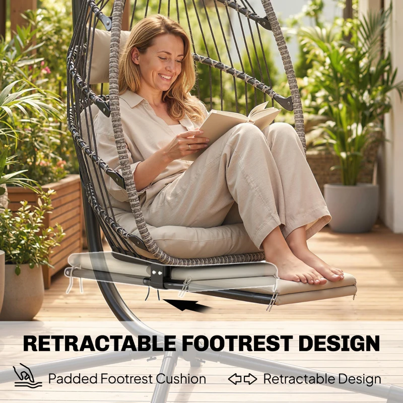 Outsunny Outdoor Hanging Egg Chair with Retractable Footrest Swing Chair with Metal Stand Light Grey
