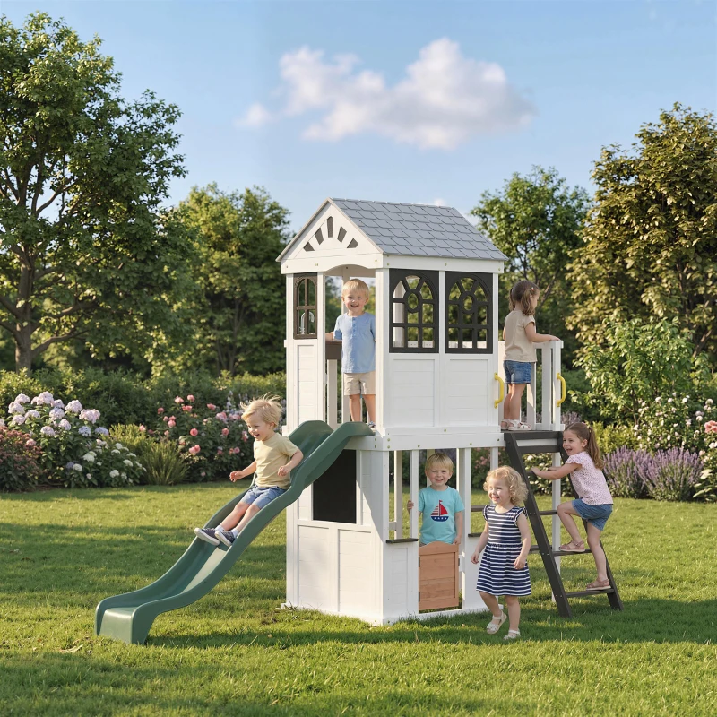Qaba Two-Story Outdoor Playhouse, Wooden Kids Playhouse with Slide, Table & Bench, Play Kitchen, Ladder, Blackboard, White