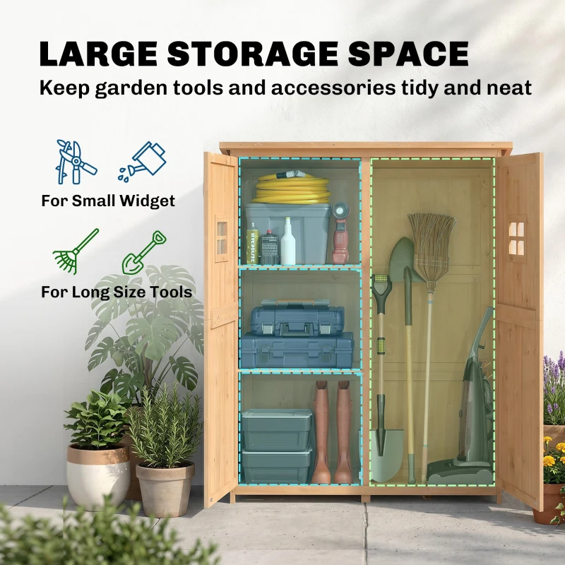Outsunny 4x1.5ft Wooden Garden Storage Shed, Outdoor Tool Cabinet Organizer with Windows and Double Door, Nature Wood