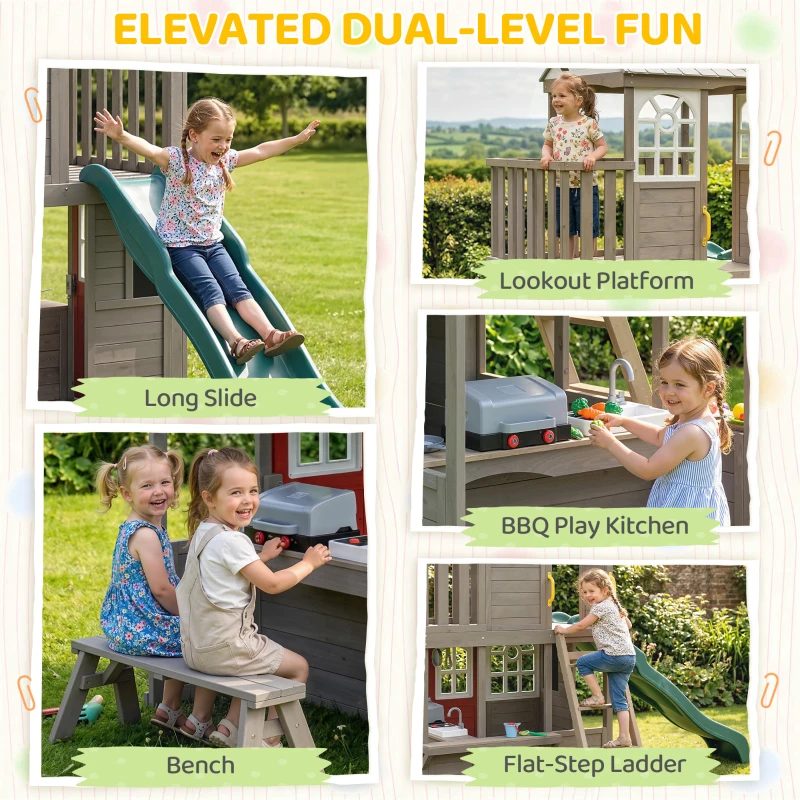 Qaba Two-Story Outdoor Playhouse, Wooden Kids Playhouse with Slide, Bench, BBQ Play Kitchen, Ladder, Lookout Platform, Clock