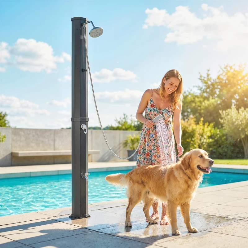 Outsunny 16 Gal Solar Heated Shower, 7.4 FT Outdoor Shower with 2 Shower Heads, Adjustable Temperature, Foot Faucet