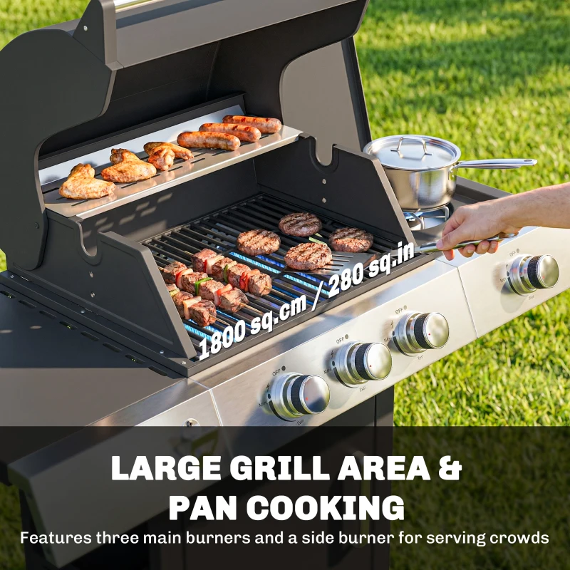 Outsunny 3 Burner Propane Gas Grill with Side Burner, 36,000 BTU BBQ Grill with Cast Iron Grates, Wheels, Warming Rack, Cabinet