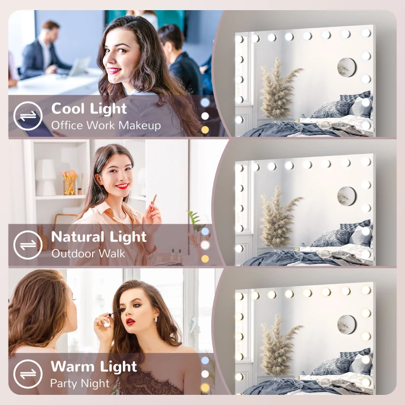 HOMCOM Hollywood Vanity Mirror with Lights, 31.5" x 24.4" Lighted Makeup Mirror with 3 Colour, 10X Magnifying, USB Port, White