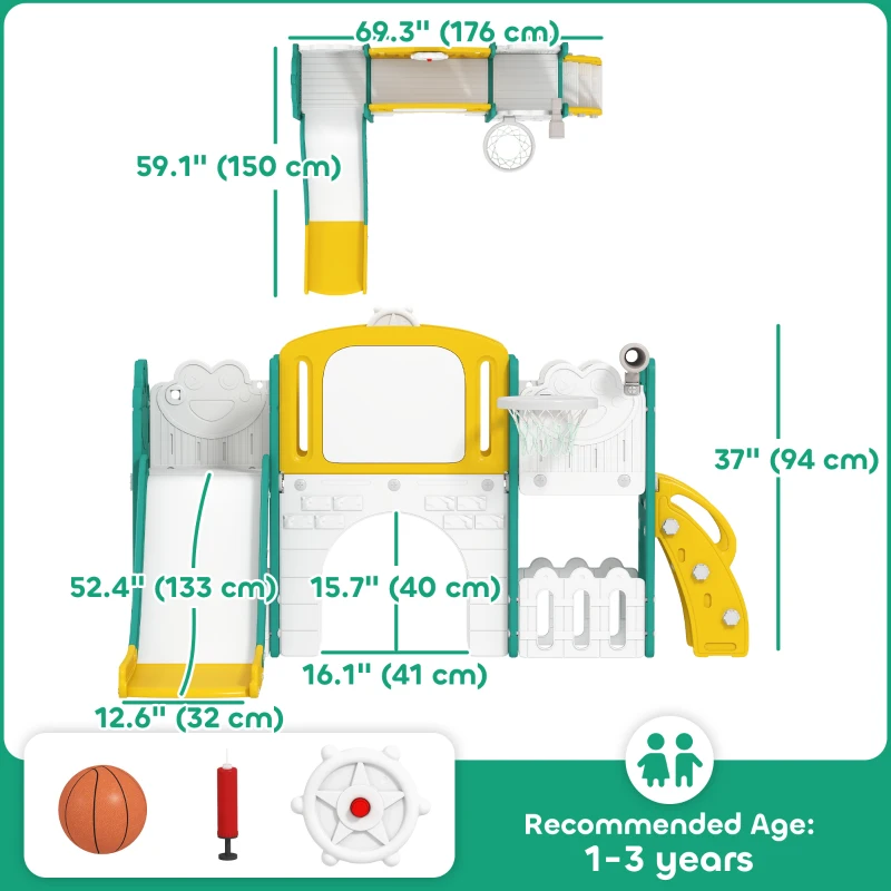Qaba 7 in 1 Toddler Slide with Basketball Hoop, Climbing Frame, Telescope, Drawing Board, Storage Box for Ages 1-3, Yellow