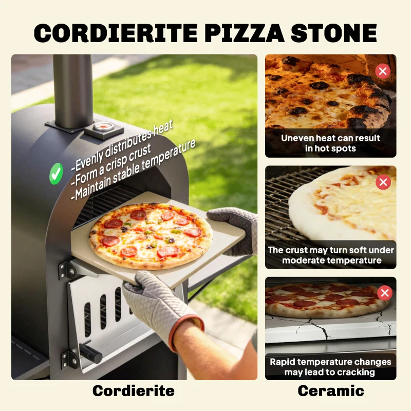 Outsunny Outdoor Wood Fired Pizza Oven with Side Shelves and Open Cabinet, Pizza Maker on Wheels with Thermometer, Stone, Peel