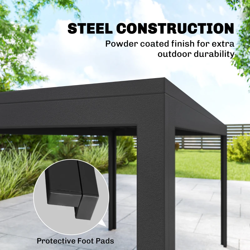 Outsunny Outdoor Dining Set for 6, Faux Wood Metal Patio Table and Mesh Stackable Chairs with Umbrella Hole, Black