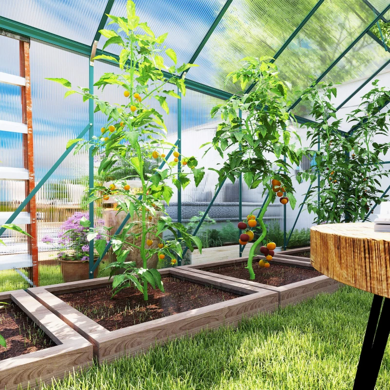 Outsunny 16' x 8' Aluminum Polycarbonate Greenhouse Walk-in Garden Greenhouse Kit with Adjustable Roof Vent, Rain Gutter and Sliding Door for Winter, Green