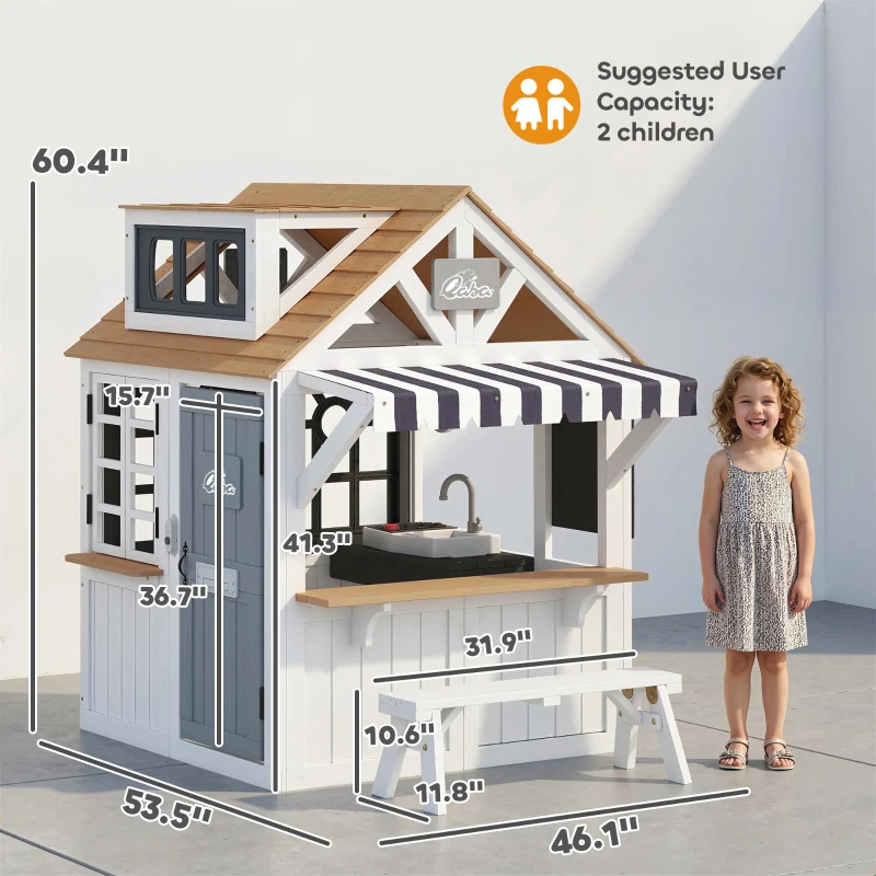 Qaba Outdoor Playhouse, Wooden Kids Playhouse with Dog Door, Cookware, Blackboard, Bench, Doorbell for Ages 2+