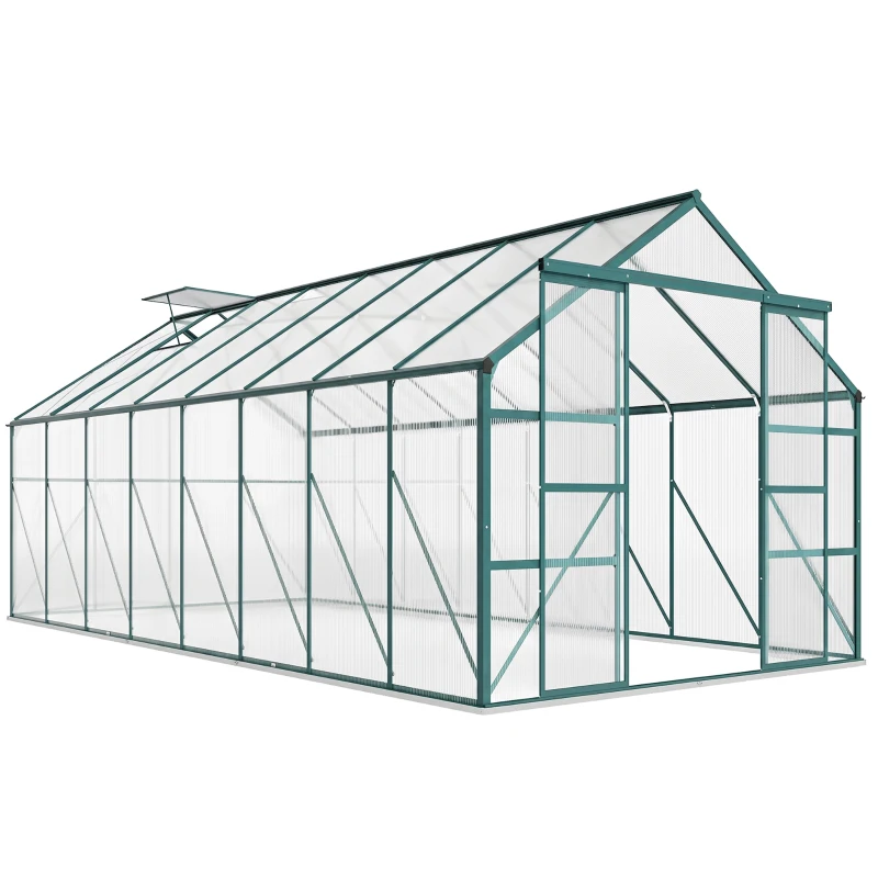 Outsunny 16' x 8' Aluminum Polycarbonate Greenhouse Walk-in Garden Greenhouse Kit with Adjustable Roof Vent, Rain Gutter and Sliding Door for Winter, Green
