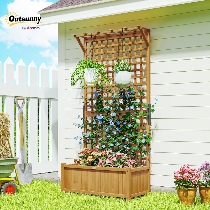OutsunnyWood Planter with Trellis for Vine Climbing, Raised Garden Bed, Privacy Screen for Backyard, Patio, Yellow