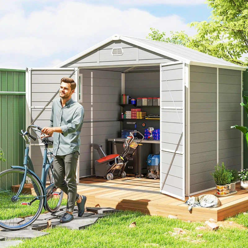 Outsunny 8' x 6' Plastic Garden Storage Shed with Latch Door, Vents, Sloped Roof, Light Grey