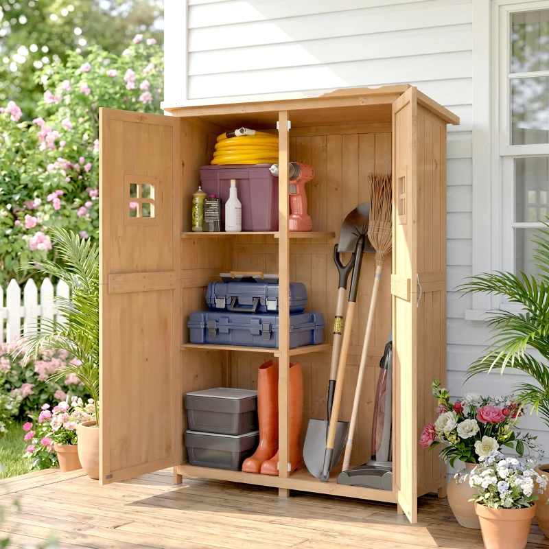 Outsunny 4x1.5ft Wooden Garden Storage Shed, Outdoor Tool Cabinet Organizer with Windows and Double Door, Nature Wood