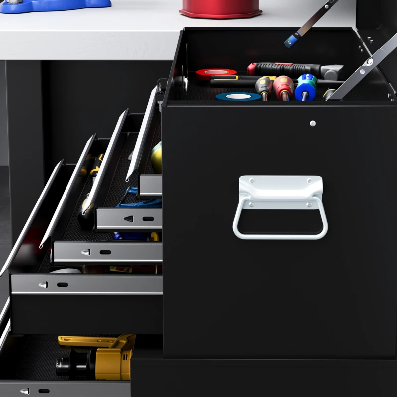 HOMCOM 6-Drawer Rolling Tool Chest, 2 in 1 Lockable Storage Cabinet with Hooks, Metal Tool Box for Garage, Workshop, Black