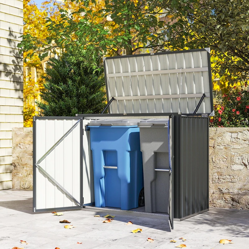 Outsunny Outdoor Storage Shed Lockable Galvanized Steel Garbage Bin Shed Lift-up Lid for 2 Trash Cans
