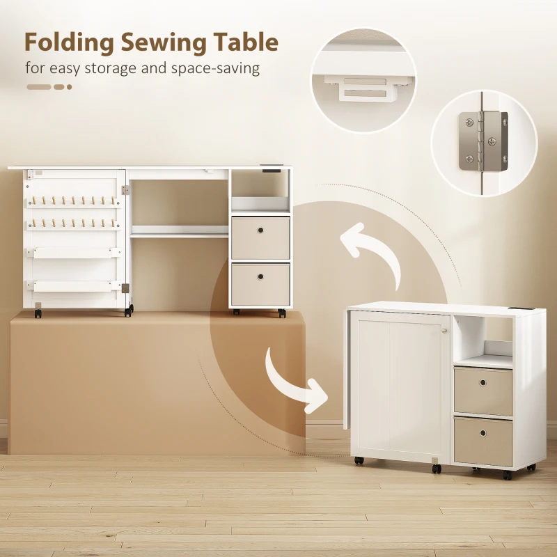 HOMCOM Rolling Sewing Machine Table with Power Outlet, Folding Craft Table with 2 Fabric Drawers, 2 Bins and 18 Pegs, White