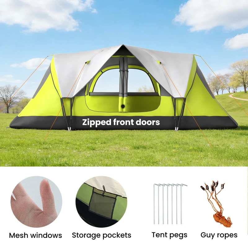 Outsunny Camping Tent for 6-8 Man with 2000mm Waterproof Rainfly and Carry Bag for Fishing Hiking Festival, Green