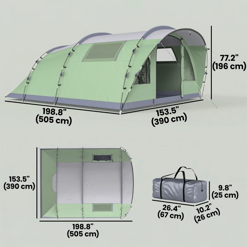 Outsunny Multi-Room Camping Tent for 5 Person, Easy Set up Large Family Tent with 4 Windows, Porch, Light Green
