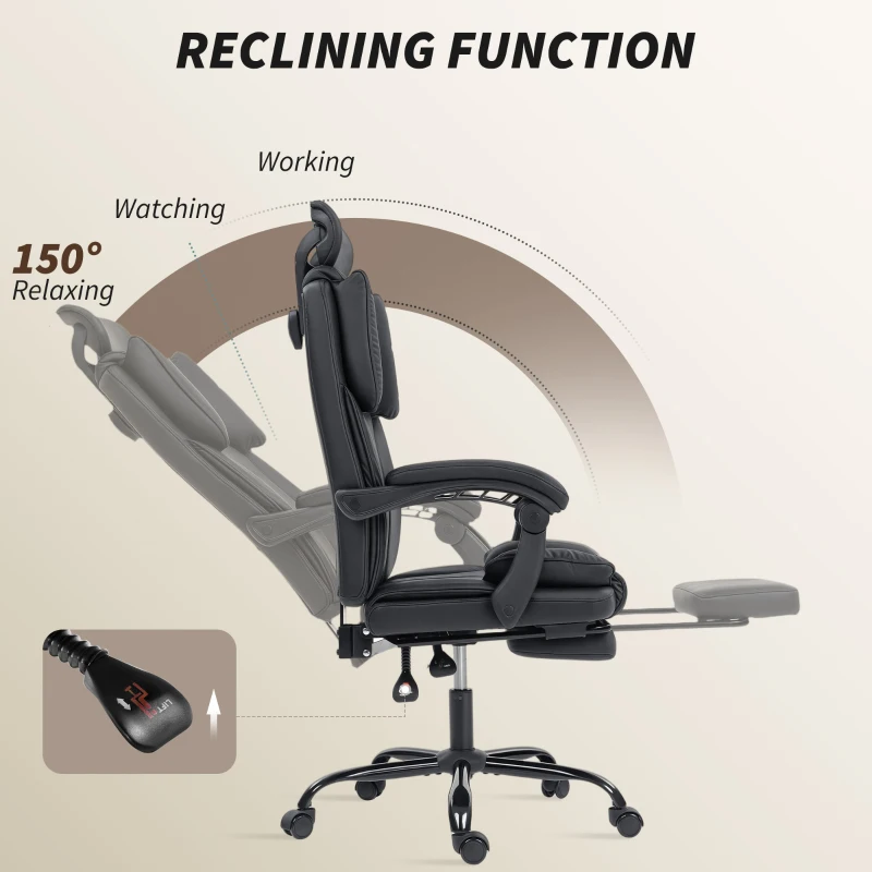 HOMCOM Reclining Office Chair, Executive Desk Chair with Pet-Friendly Fabric, Headrest, Footrest, Swivel Wheels, Black