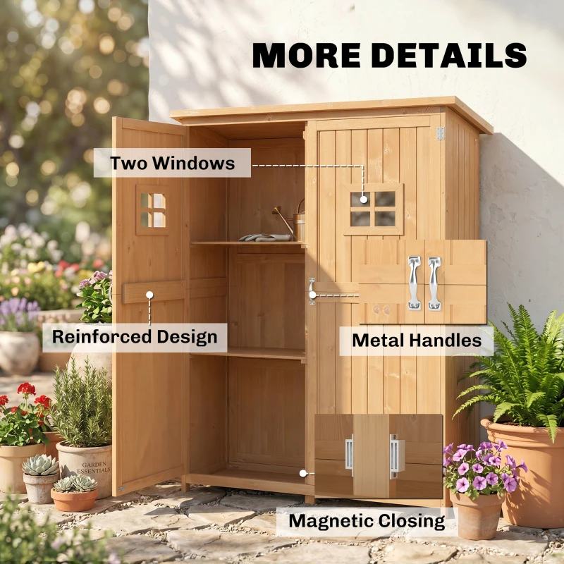 Outsunny 4x1.5ft Wooden Garden Storage Shed, Outdoor Tool Cabinet Organizer with Windows and Double Door, Nature Wood