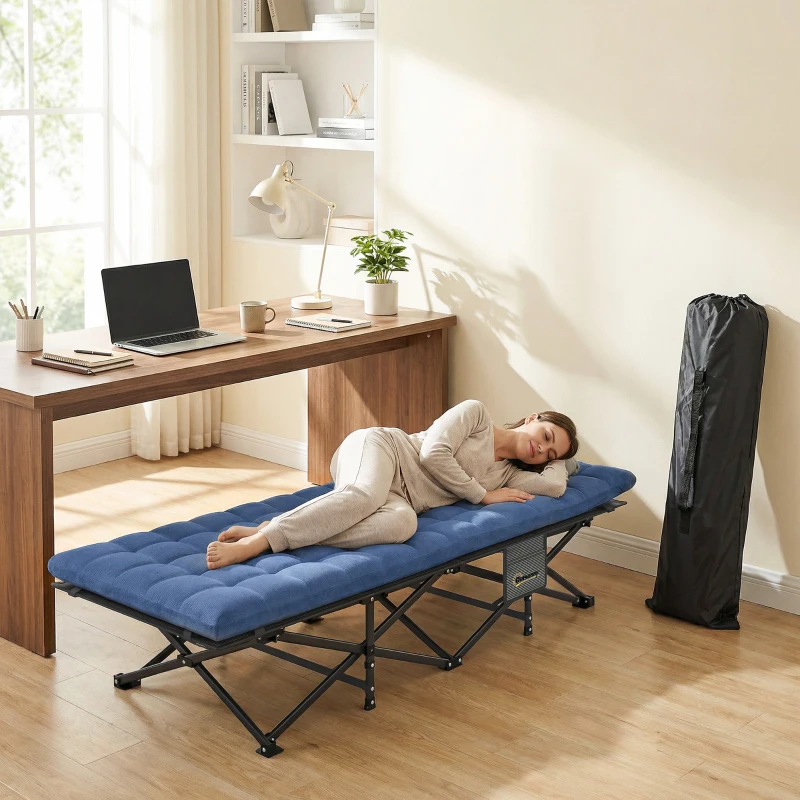 Outsunny Set of 2 Camping Cot with Soft Pad, 32" Extra Wide Folding Cots with Non-Slip Feet and Carry Bag, Blue