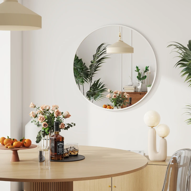 HOMCOM 36" Round Mirror, Bathroom Wall Mirror with Metal Frame, Decorative Vanity Mirror for Living Room, Bedroom, White