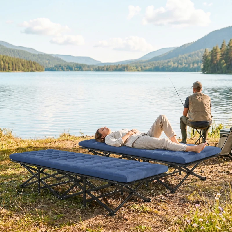 Outsunny Set of 2 Camping Cot with Soft Pad, 32" Extra Wide Folding Cots with Non-Slip Feet and Carry Bag, Blue
