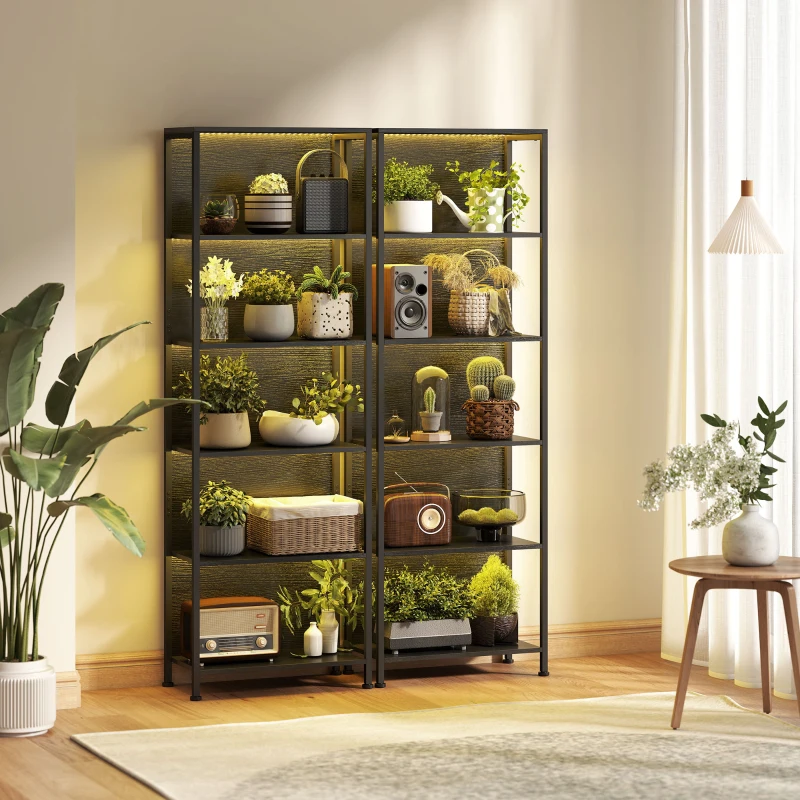 HOMCOM 5-Tier Bookshelf, Freestanding Bookcase with LED Lights and Metal Frame for Living Room, Bedroom, Home Office, Black