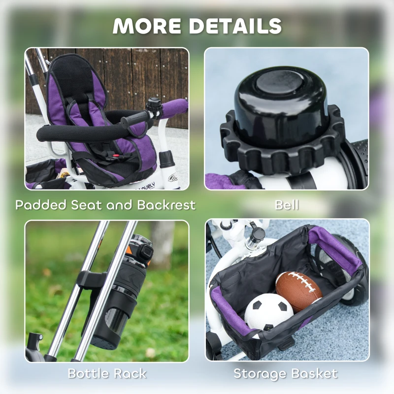 Qaba 6 in 1 Toddler Tricycle Stroller with Basket, Canopy, 5-point Safety Harness, for 12-60 Months, Purple