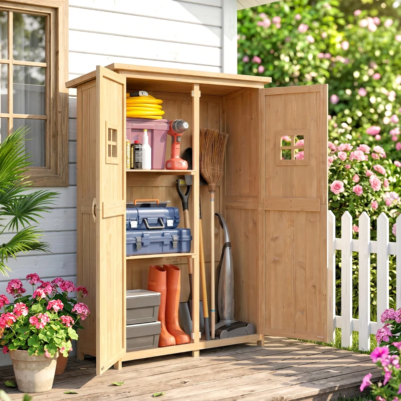 Outsunny 4x1.5ft Wooden Garden Storage Shed, Outdoor Tool Cabinet Organizer with Windows and Double Door, Nature Wood
