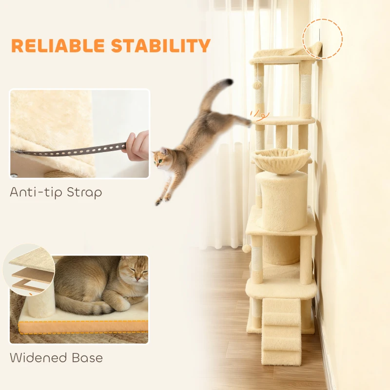 PawHut 67" Large Cat Tree with 7 Scratching Posts, Tunnel, 2 Condos, Hammock, Perch, Ramp, Pompoms, Beige