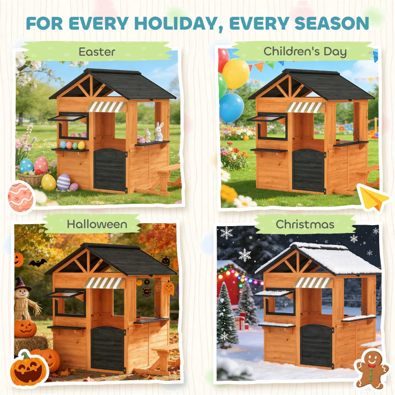 Qaba Wooden Kids Playhouse with Play Kitchen, Picnic Bench, Serving Station, Windows and Door for Backyard, Ages 3–8, Brown