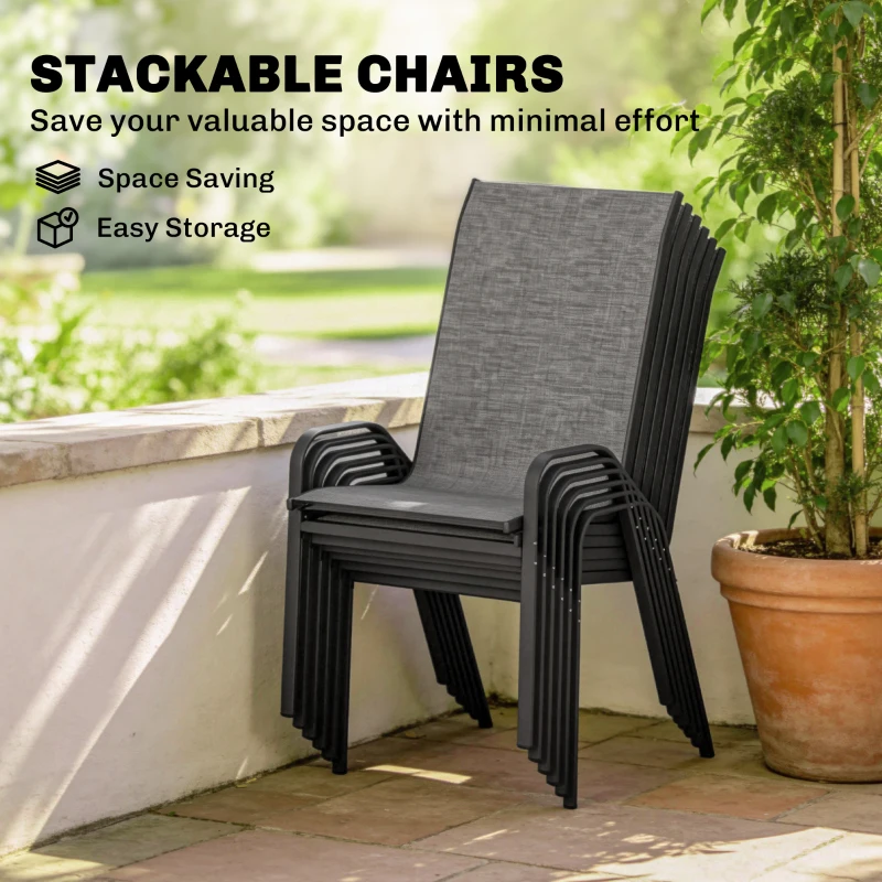 Outsunny Outdoor Dining Set for 6, Faux Wood Metal Patio Table and Mesh Stackable Chairs with Umbrella Hole, Mixed Grey